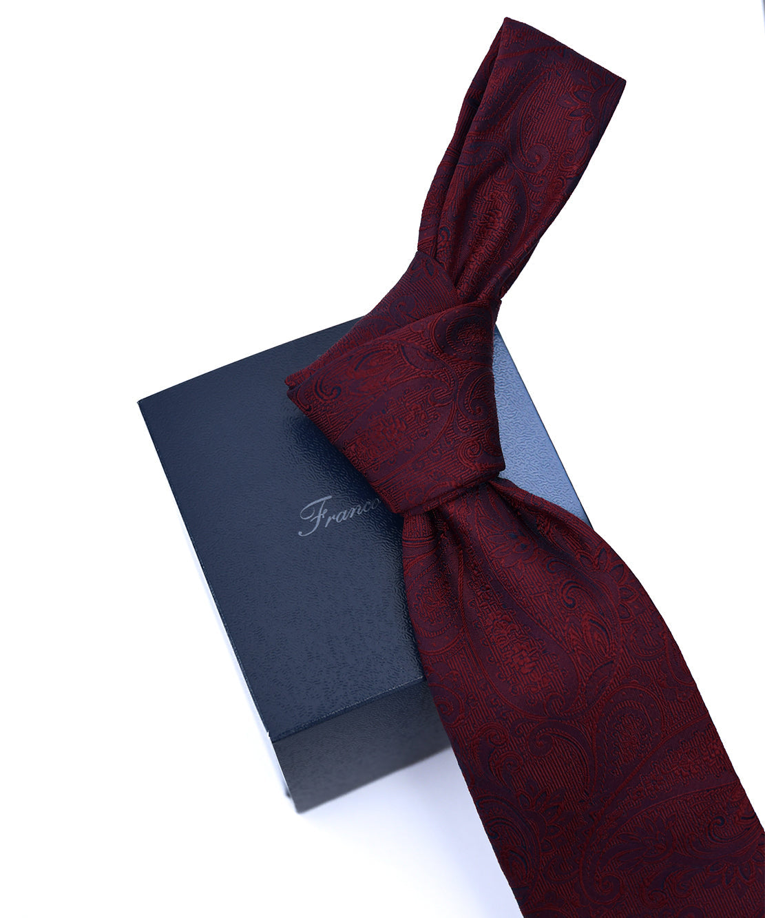 Franco spada ( フランコスパダ ) クラシック更紗ペーズリー無地調ネクタイ:ボルドー