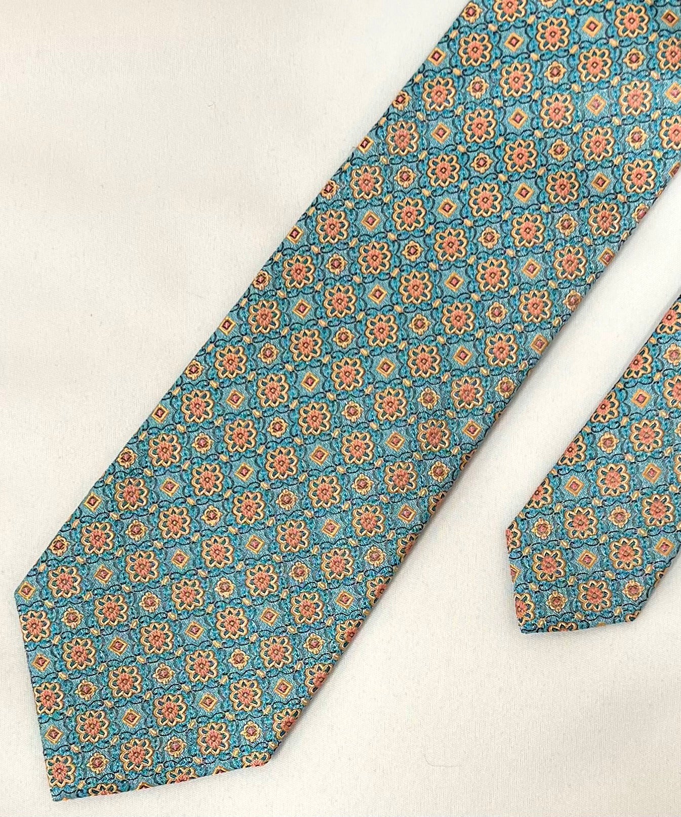 Franco Spada ( フランコスパダ )  フレンチヴィンテージメダリオンジャガードネクタイ2: グリーン×オレンジ