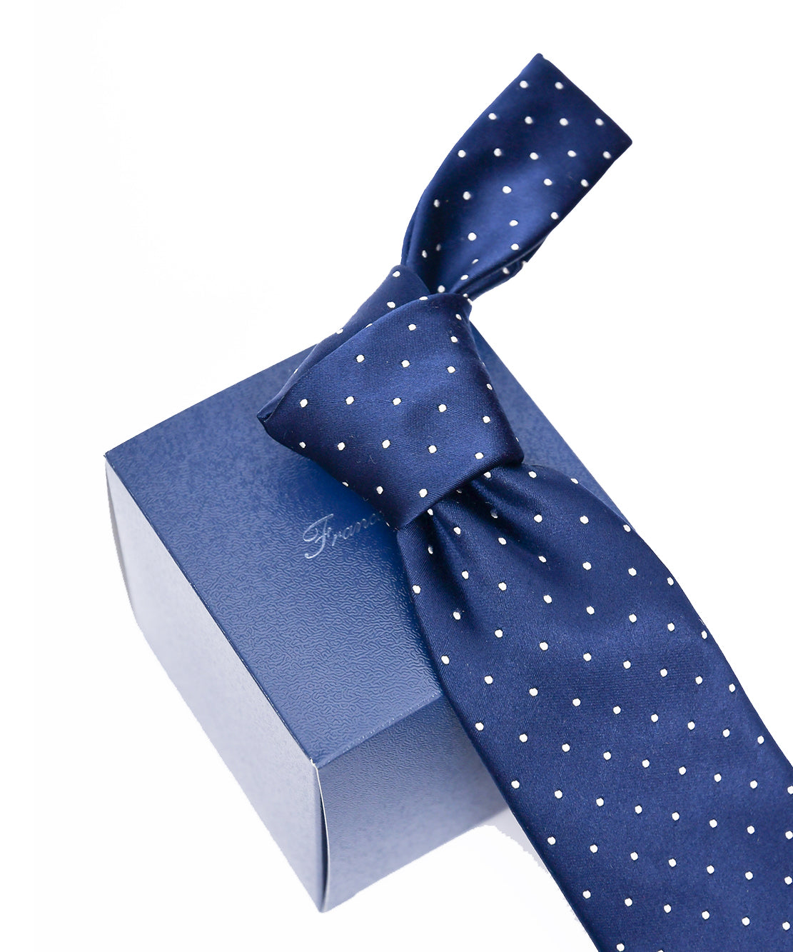 Franco Spada ( フランコスパダ )  クラシックサテン小ドットネクタイ：ネイビー×Lシルバー