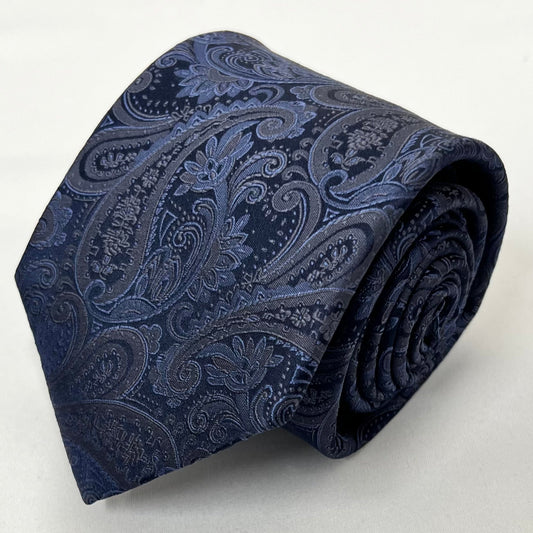 AZZURRO（アズーロ） 新更紗ペーズリーグラデーション無地調ジャガードネクタイ：ミッドナイトネイビー×スチールグレー