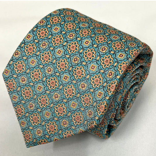 Franco Spada ( フランコスパダ )  フレンチヴィンテージメダリオンジャガードネクタイ２： グリーン×オレンジ