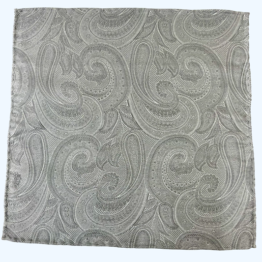 Franco Spada ( フランコスパダ )ハンドロール(手巻き)ポケットチーフ (メランジ無地調大更紗ペーズリー)：シルバーグレー
