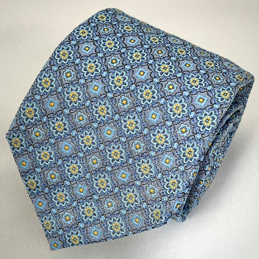 Franco Spada ( フランコスパダ )  フレンチヴィンテージメダリオンジャガードネクタイ２： サックスブルー×イエロー