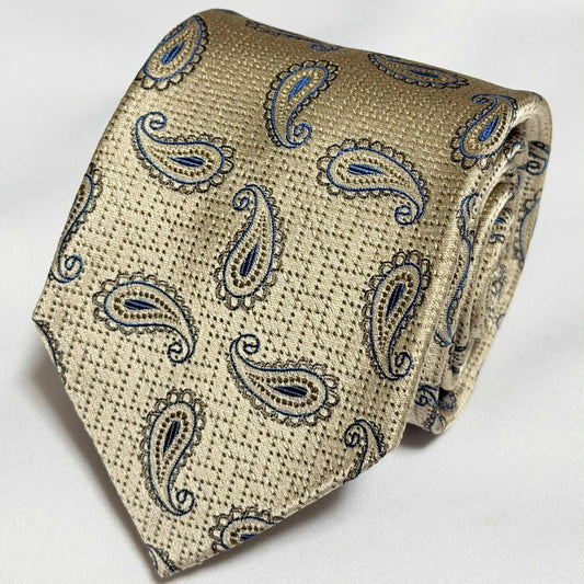 Franco Spada ( フランコスパダ )🆕コンテンポラリーブリティッシュジオメトリックペーズリーネクタイ：シャンパンベージュ×チャコール×ブルー