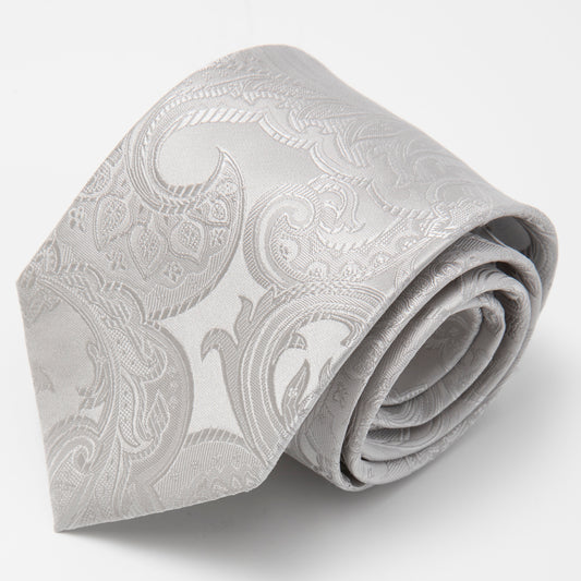 Franco Spada (フランコスパダ) 大更紗ペーズリー無地調フォーマルネクタイ：シルバー