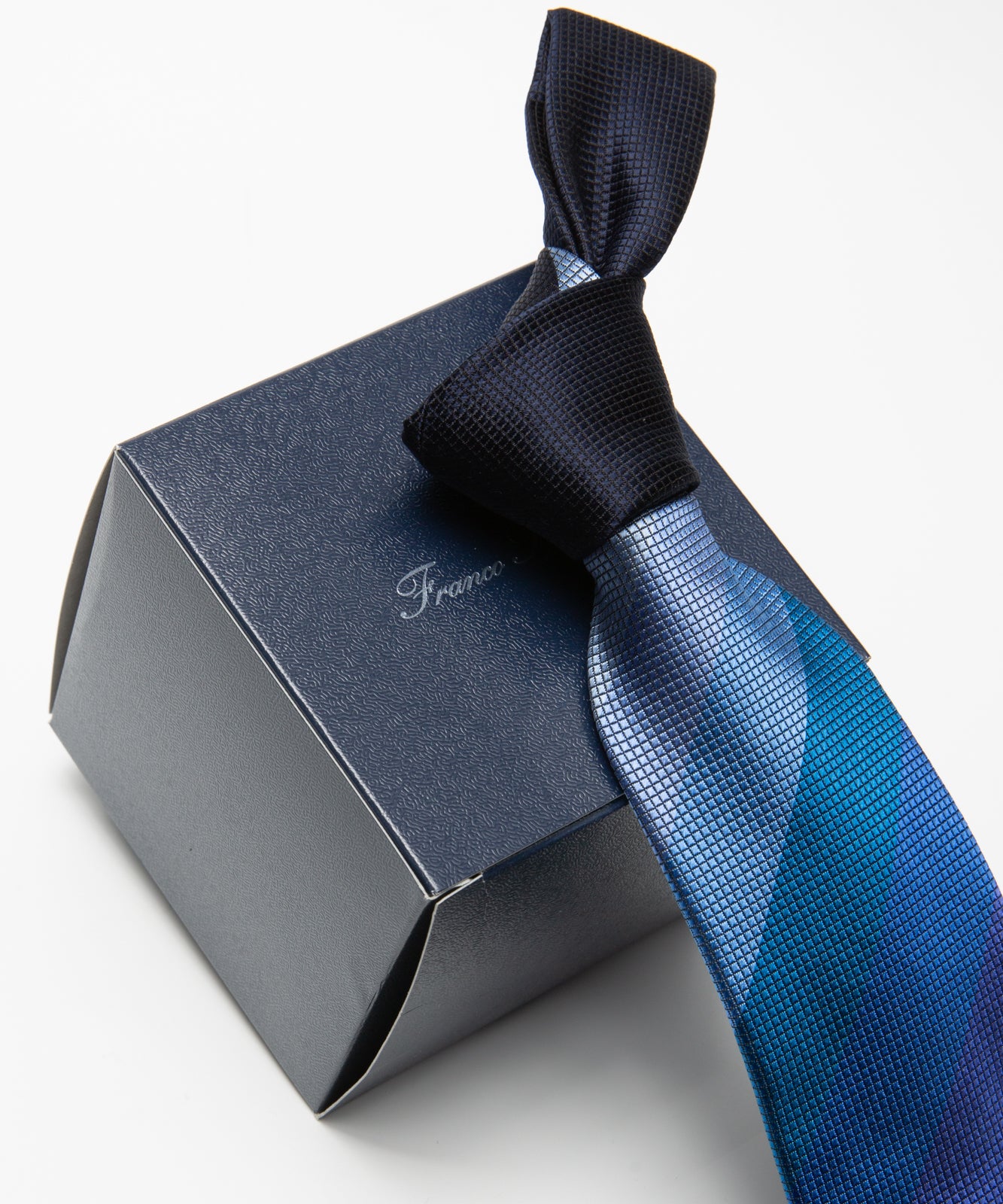 Franco Spada 12色グラデーションパネルジャガードストライプネクタイmodel B：ネイビー×ブルー×サックス