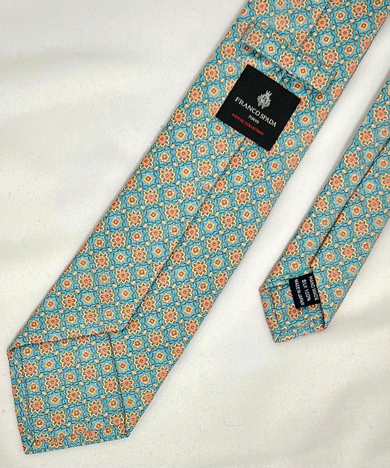 Franco Spada ( フランコスパダ )  フレンチヴィンテージメダリオンジャガードネクタイ２： グリーン×オレンジ
