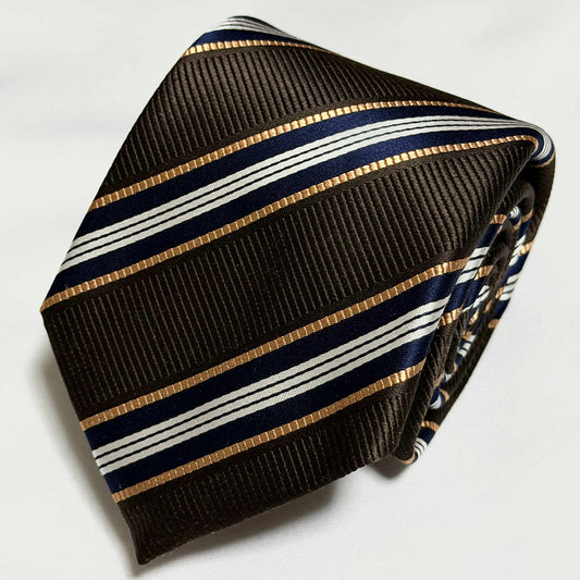 Franco Spada ( フランコスパダ )🆕コンテンポラリーブリティッシュレジメンタルストライプネクタイ：ブラウン×ネイビー×Lオレンジ