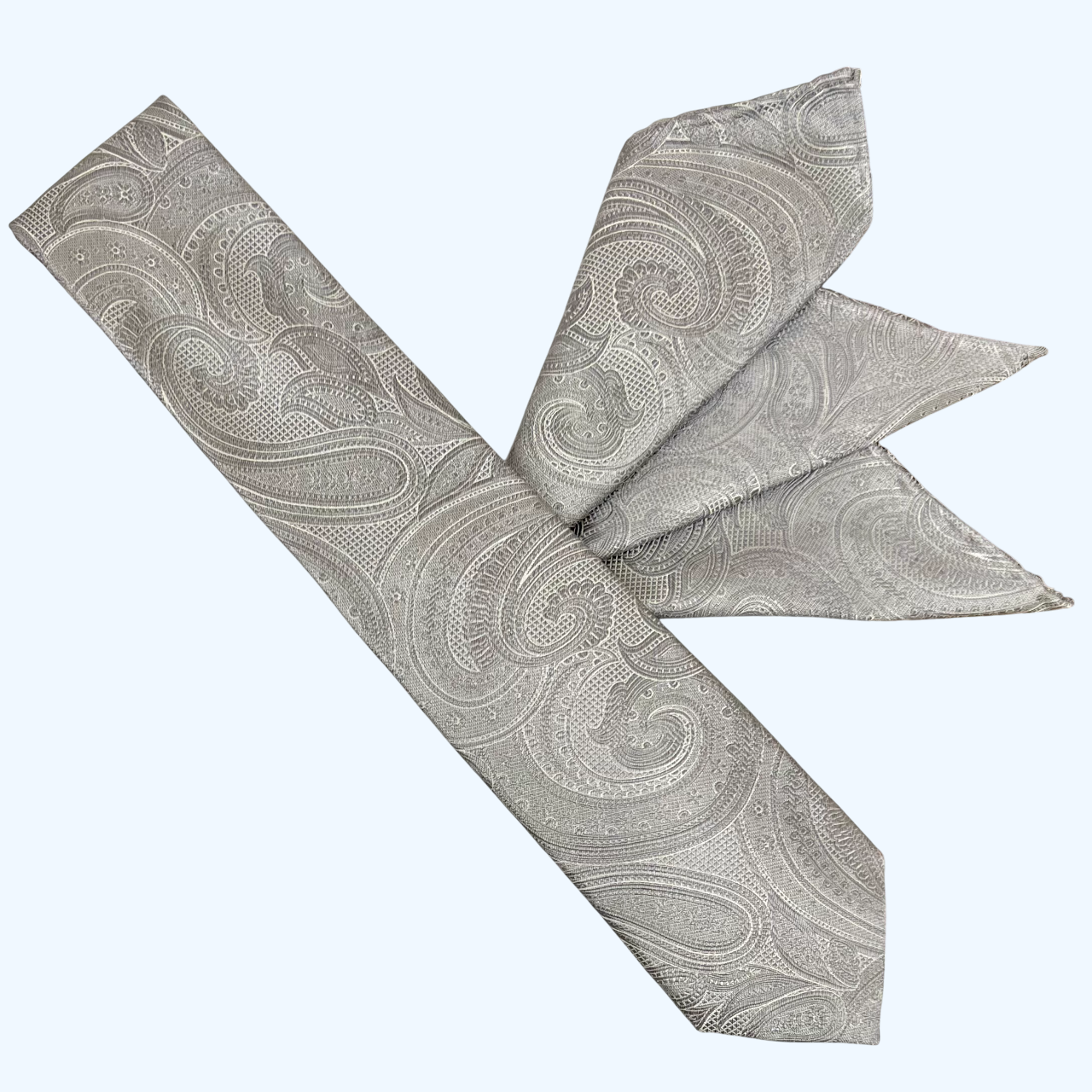 Franco Spada ( フランコスパダ )ハンドロール(手巻き)ポケットチーフ (メランジ無地調大更紗ペーズリー)：シルバーグレー