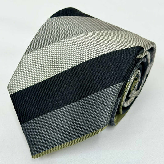 Franco Spada (フランコスパダ )🆕コンテンポラリーブリティッシュボールドストライプネクタイ：ブラック×グレー×Lオリーブ