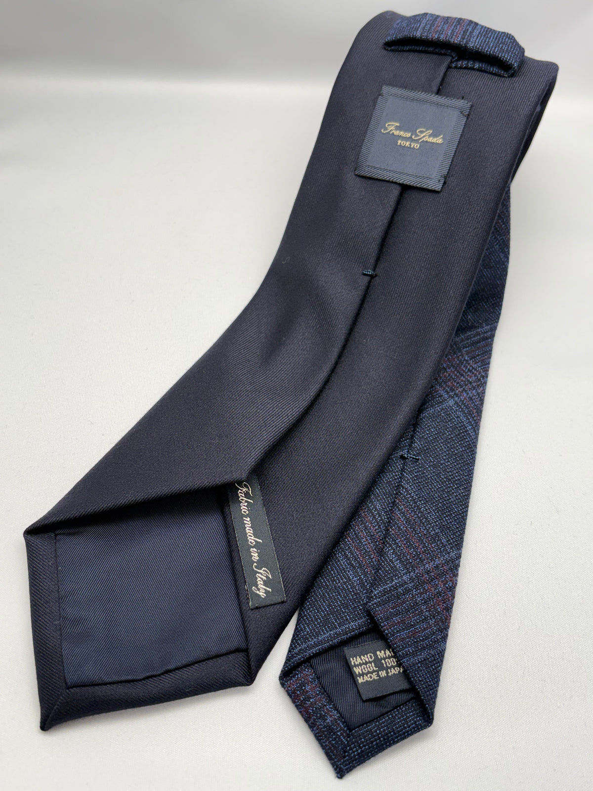 Franco Spada ( フランコスパダ )  Solid Wool ( 綾無地 )コンビネーションネクタイ Vitale Barberis Canonico ( ビダル バルべリス カノニコ )：大剣ネイビー×小剣チェックネイビー