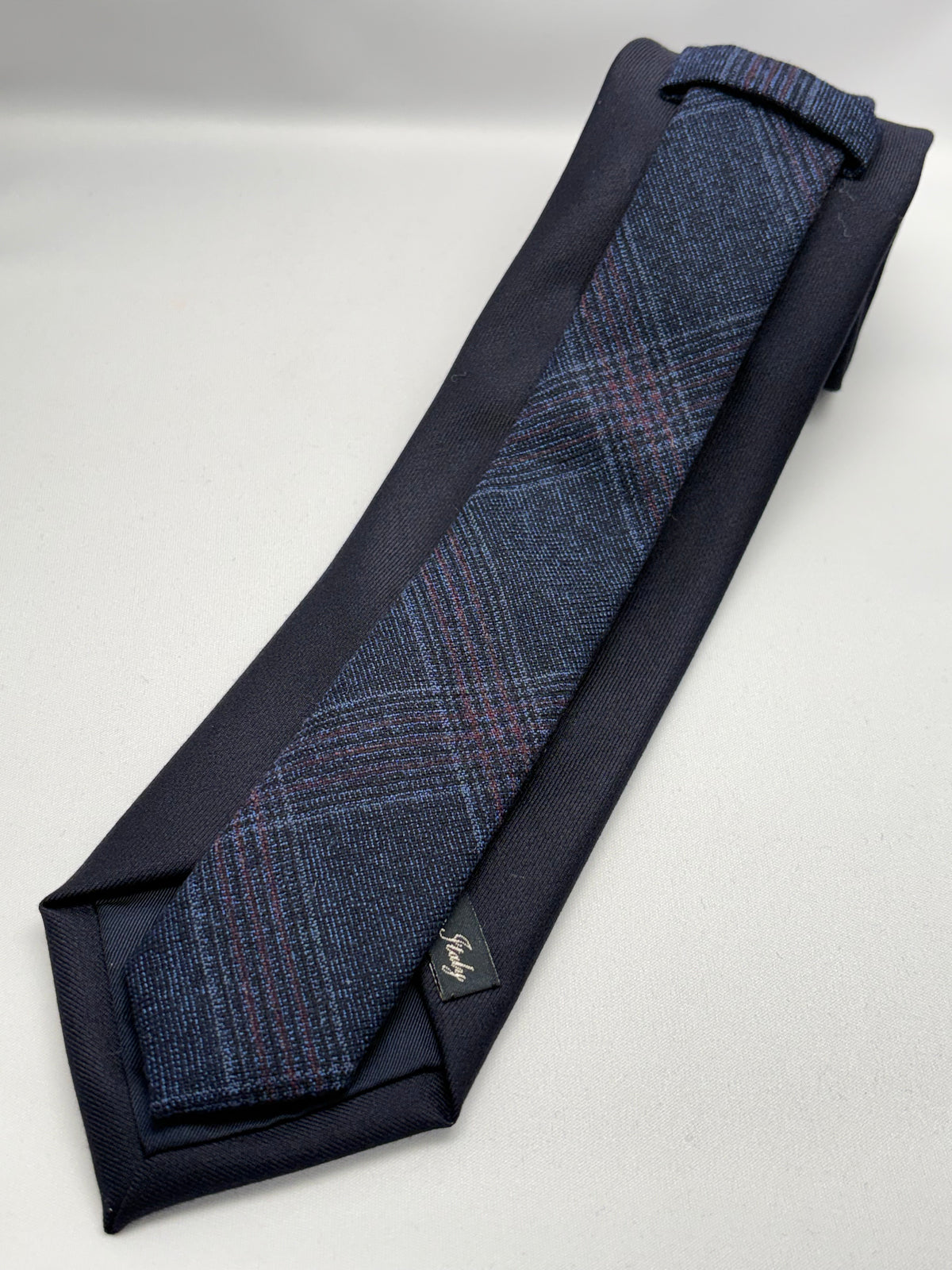 Franco Spada ( フランコスパダ )  Solid Wool ( 綾無地 )コンビネーションネクタイ Vitale Barberis Canonico ( ビダル バルべリス カノニコ )：大剣ネイビー×小剣チェックネイビー