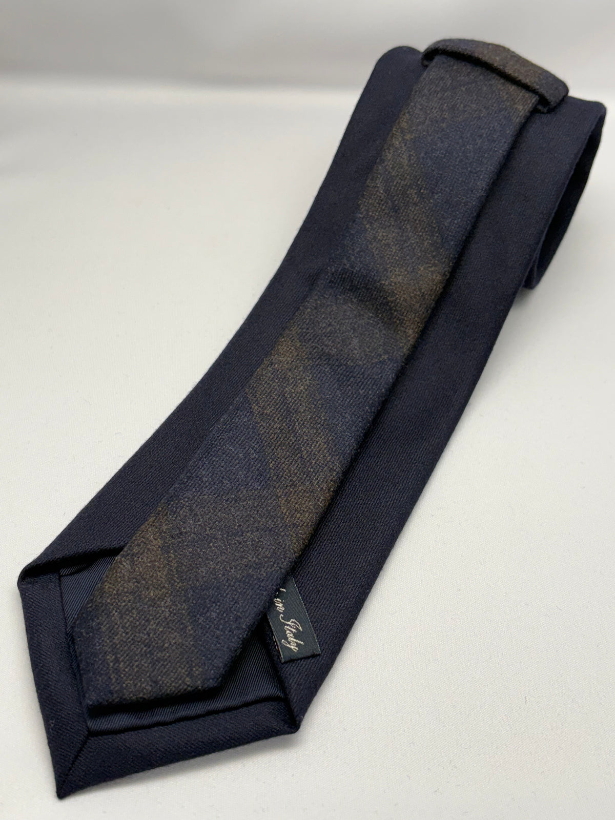 Franco Spada ( フランコスパダ )  Solid Wool ( 綾無地 )コンビネーションネクタイ Vitale Barberis Canonico ( ビダル バルべリス カノニコ )：大剣ネイビー×小剣チェックネイビー×ブラウン